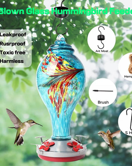 Hand Blown Glass Hummingbird Feeder - 25 Ounces - Libiyi