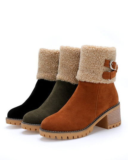 Women's thick heel leather buckle warm boots - Libiyi