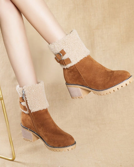 Women's thick heel leather buckle warm boots - Libiyi
