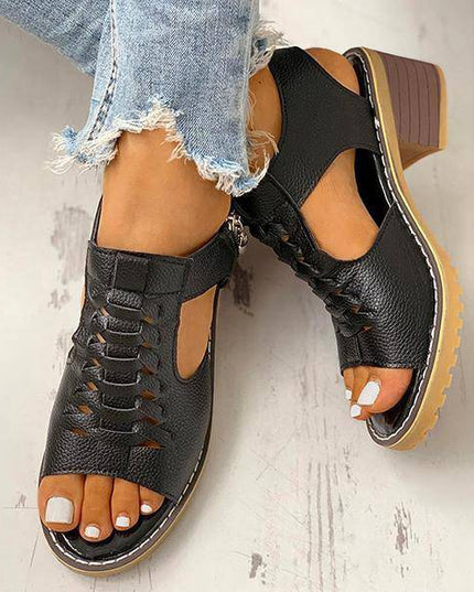 Libiyi Peep Toe Cutout Zipper Chunky Heeled Sandals - Libiyi